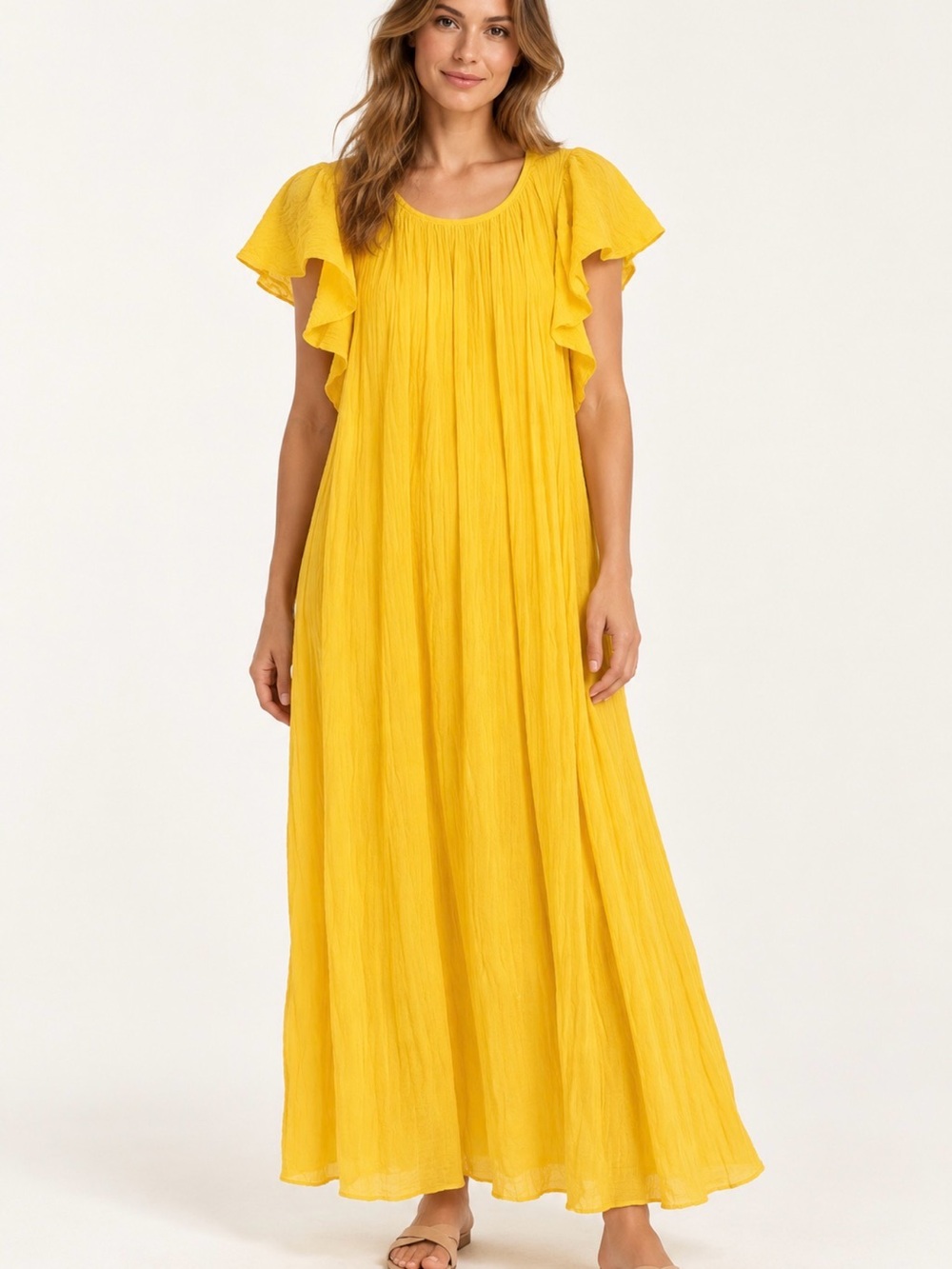 Piombo Yellow Flutter-Sleeve Maxi Dress